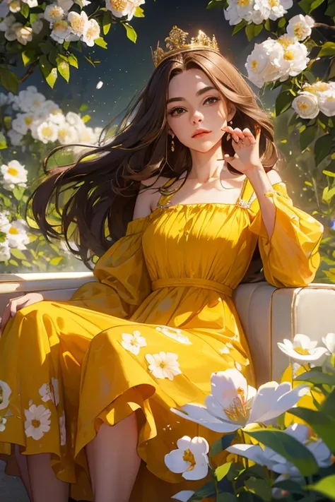 (  masterpiece,   High quality vaccines), 1 ,   alone, (queen:1.15),     brown hair,     long hair,  cortina ,  Floral yellow dress , queen&#39;s Dress  , aurora, (sunlight, null, Rio,   forest),   inexpressive,   red eyes, (  Art Nouveau  :1.2), Alphonse ...