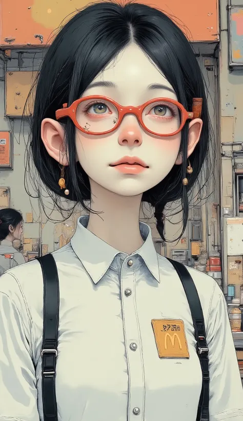 Famous Paintings、 highest quality、McDonald's counter、woman、Very depressed、 long black hair、 braids、 pigtails、Red glasses、 black eyes、 upper body、 McDonald's uniform、 tight smile 、 looks up to the viewer 、 embarrassing、 moderate bust、