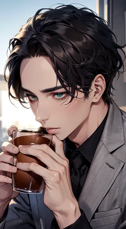 (  Drinking high-quality espresso ,4K,8k,  high resolution,  masterpiece:1.2),super detailed,(realistic,photorealistic,photo-realistic:1.37),1 person, 35 years old ,Mature men,beautiful skin、 tongue ,  inexpressive,  short gray black hair,  green eyes,  sh...