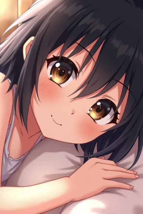 extreme close up of cute anime girl with short dark hair, she is lying on her side and smiling at you