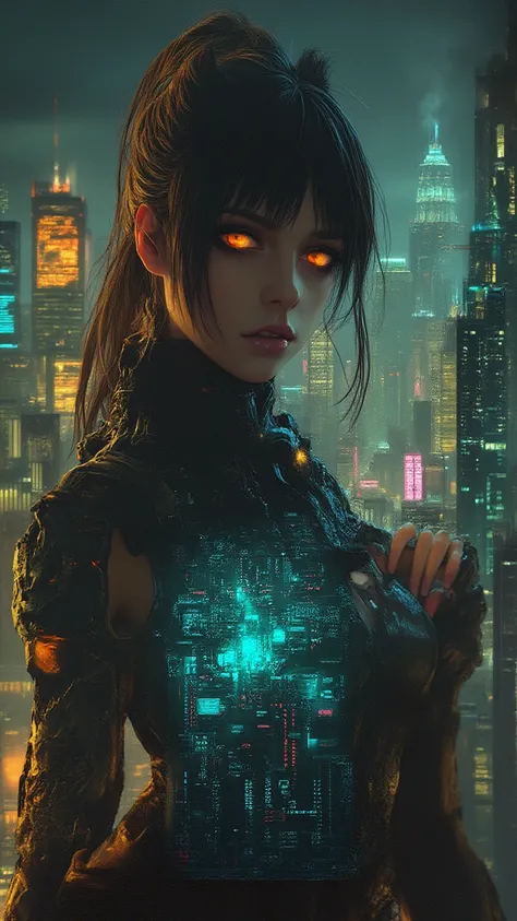 Woman cyborg, innocent eyes, cyberpunk ponytail, holding, glitching matrix, ruined digital city, neon orange eyes, darkness, realistic, hyperrealistic, 