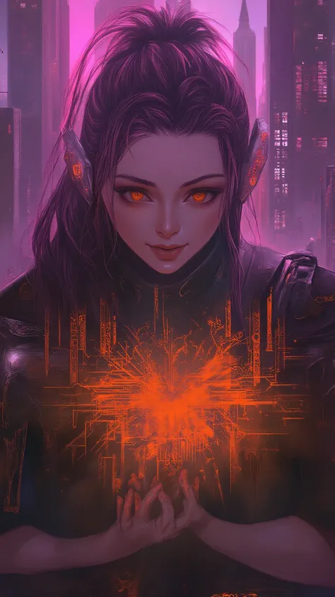 Woman cyborg, innocent eyes, cyberpunk ponytail, holding, glitching matrix, ruined digital city, neon orange eyes, darkness, realistic, hyperrealistic, 