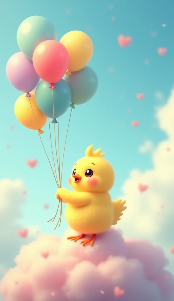 A little yellow chick on top of a colorful cloud and several balloons in the air.