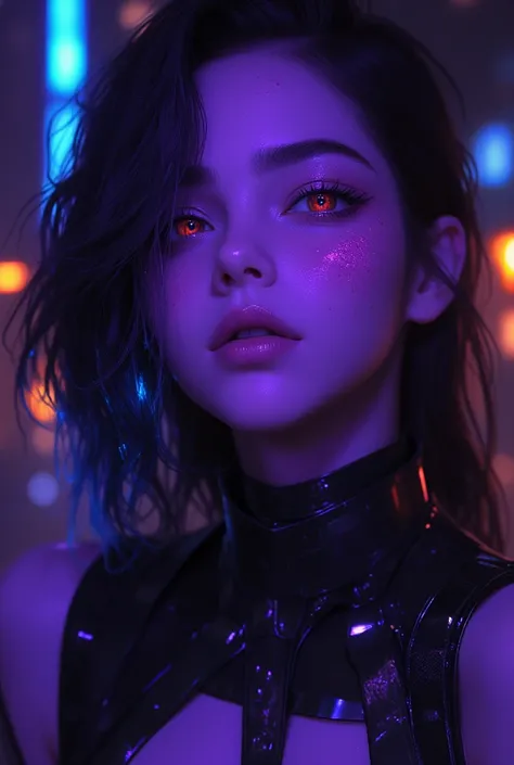 Epic quality, many details, many details in face, Beautiful young purple woman with purple skin , pleasant purple face , rounded features ,has freckles on his face ,electric eyes red ,  his hair reaches down his shoulders in black with blue tips, fit body,...