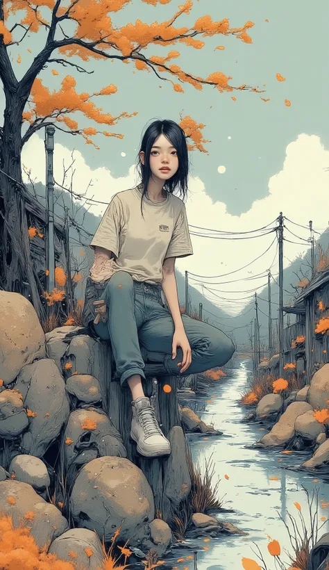   Beautiful Japanese Woman  ,    black hair、 Long Hair 、 Located、 I have lots of flower bangs ,In front of her  "switch",  Shining words came up in a big way 、   wearing long jeans and sneakers   ,    smiling cross-legged on a rock in the river   ,   anato...