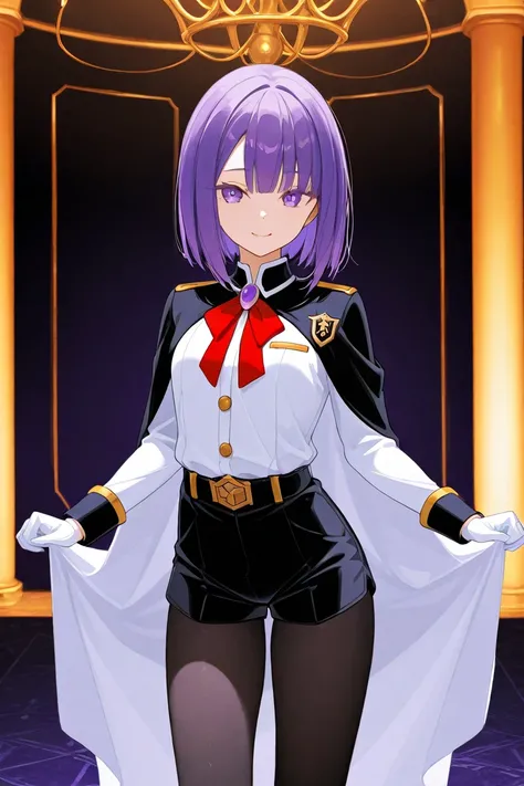 BEST QUALITY, ULTRA DETAILED, PERFECT ANATOMY, HIGH DEFINITION, INTRICATE DETAILS, ALONE, 1 beautiful girl, , medium hair, straight hair, bangs on the forehead, purple hair with a red ribbon on the left side, square bangs hanging on the right side, and vio...