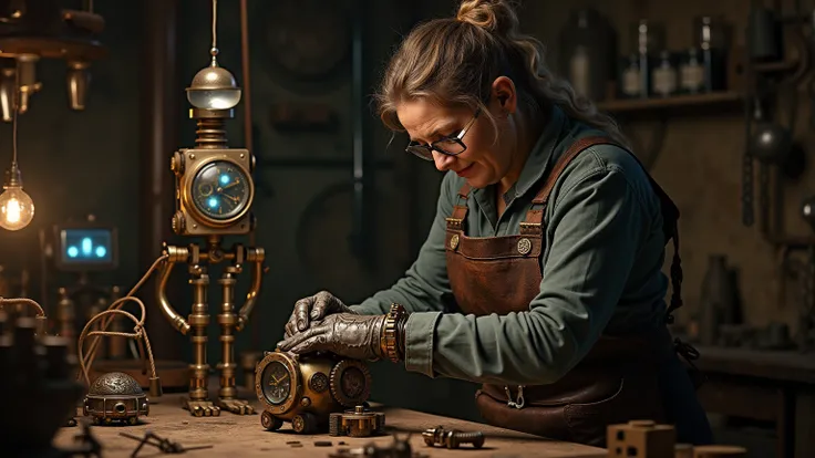  In an underground workshop hidden under the farm ,  the farmer's wife works on the construction and maintenance of the automata that help with field work .  Her laboratory is a sanctuary of watches and steam ,  with work tables full of gears , } hydraulic...