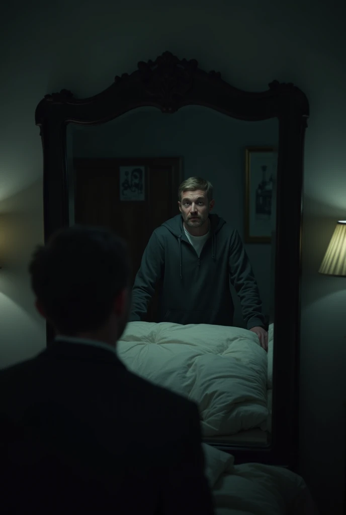 A dim bedroom , illuminated by the light of a lamp.  A large black-framed mirror is in front of the bed ,  reflecting the room... but the man who observes it does not appear in the reflection.  Its expression is one of disbelief and fear .