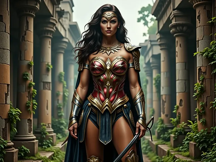 Beautiful European with sheer black pantyhose on her long legs looking like wonder woman in her armor and boots, wearing one sword and golden necklace, inside ancient temple ruins