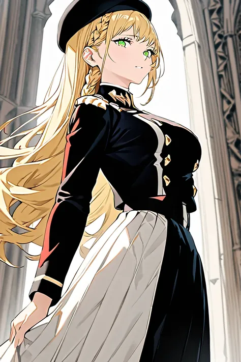 BEST QUALITY, ULTRA DETAILED, PERFECT ANATOMY, HIGH DEFINITION, INTRICATE DETAILS, ALONE 1girl with Russian features, long blond hair braided on the left side, green eyes. Her uniform consists of a long skirt with an open slit in the back, black beret. Bac...