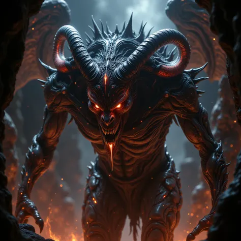 A terrifying demon enveloped in cybernetic corruption with cybernetic skin and implants, standing menacingly in front of the viewer. Hellfire background