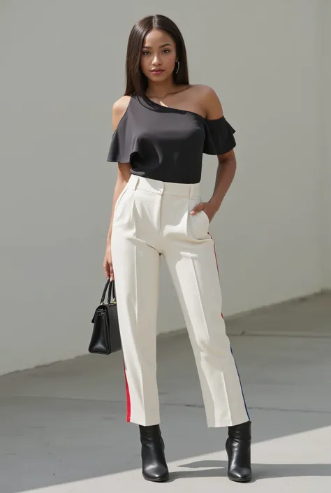 A woman, woman wearing stylish casual clothes. Trousers are high waisted, loose flared pants. Flat front. Grey with a thin red stripe down the left side. asymmetrical dark top. off-shoulder top. The design is a contemporary blend of formal and hip-hop, wit...