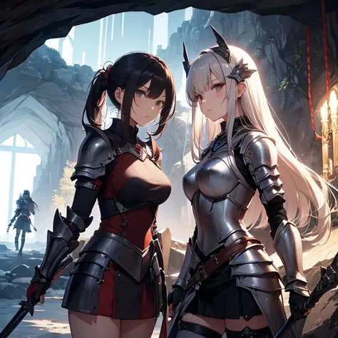 A group of  female knights, (in cave), various hair styles, harem, wearing armored clothes, metal armor, night, details face, short skirt, seducing, sword, sleeveless 