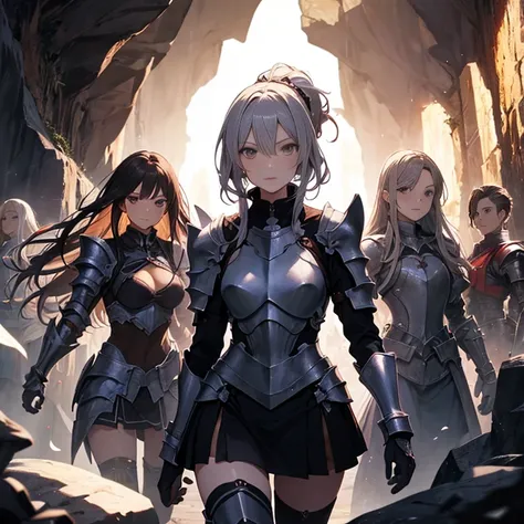 A group of  female knights, (in cave), various hair styles, harem, wearing armored clothes, metal armor, night, details face, short skirt, seducing, sword, sleeveless 