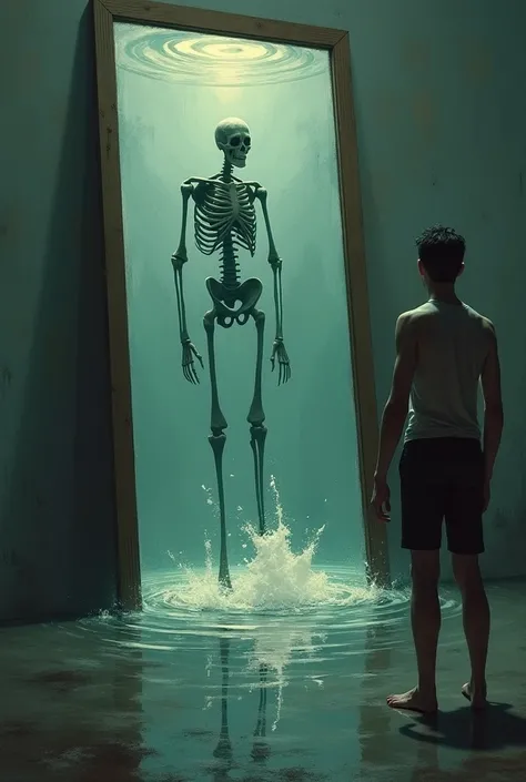  The mirror begins to wave as if it were water.  A tall, skeletal figure ,  with distorted limbs and an empty face , emerges slowly .  The man tries to retreat ,  but his body is paralyzed .