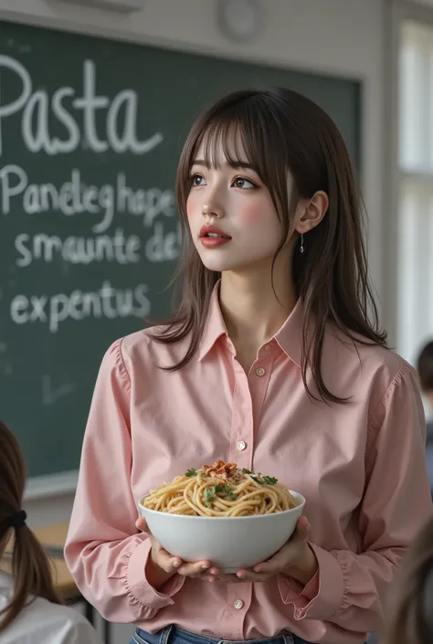 A girl teacher and students giving a lecture in a lecture room, a lecture about ramen, a picture of a extreme huge bowl of gorgeous pasta and the large word "Pasta" and small word “al dente” written in chalk on the blackboard,a teacher giving a passionate ...