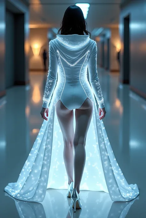   Full body short Woman dark long hair wearing a sleek, white bioluminescent themed tunic dress hood coat  and heels shoes shiny with intricate, glowing accents that shimmer and pulse with a soft, ethereal light, slowly rotating to reveal every angle, as t...