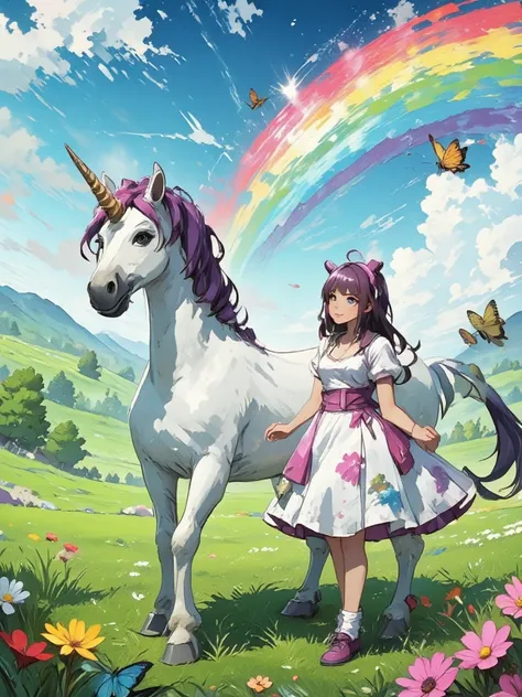  Manga style image ,    ultra High definition , precise detail  :  a flowery meadow with a rainbow on which a unicorn is located accompanied by a young girl, 30 years old,  wearing a sublime dress on which must be indicated Ion , surrounded by sublime butt...