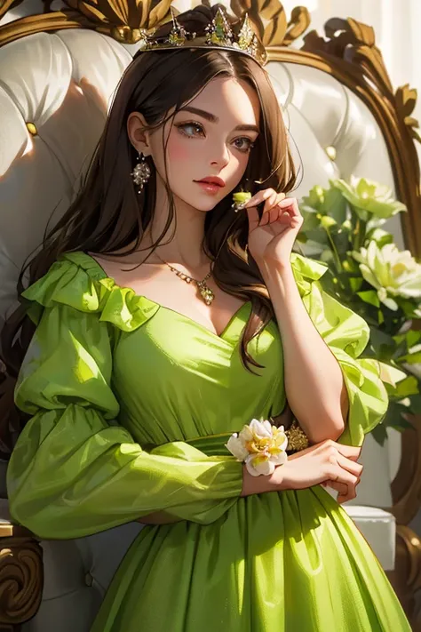 ( masterpiece,  High quality vaccines), 1 ,  alone, (queen:1.15),   brown hair,   long hair,  cortina , lime green floral dress with diamonds, queen&#39;s Dress , aurora, (sunlight, null, Rio,  forest),  inexpressive,  red eyes, ( Art Nouveau :1.2), Alphon...