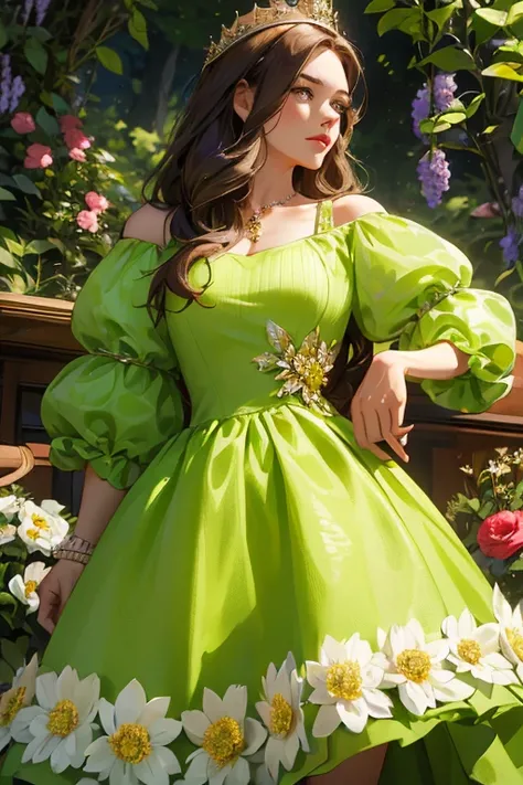 ( masterpiece,  High quality vaccines), 1 ,  alone, (queen:1.15),   brown hair,   long hair,  cortina , lime green floral dress with diamonds, queen&#39;s Dress , aurora, (sunlight, null, Rio,  forest),  inexpressive,  red eyes, ( Art Nouveau :1.2), Alphon...