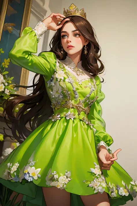 ( masterpiece,  High quality vaccines), 1 ,  alone, (queen:1.15),   brown hair,   long hair,  cortina , lime green floral dress with diamonds, queen&#39;s Dress , aurora, (sunlight, null, Rio,  forest),  inexpressive,  red eyes, ( Art Nouveau :1.2), Alphon...