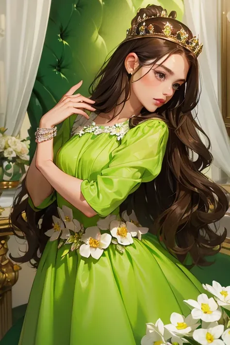 ( masterpiece,  High quality vaccines), 1 ,  alone, (queen:1.15),   brown hair,   long hair,  cortina , lime green floral dress with diamonds, queen&#39;s Dress , aurora, (sunlight, null, Rio,  forest),  inexpressive,  red eyes, ( Art Nouveau :1.2), Alphon...