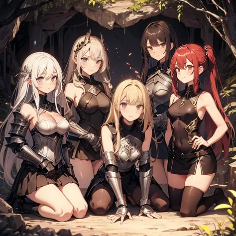 A group of  female knights, (in cave), various hair styles, harem, wearing armored clothes, metal armor, night, details face, short skirt, seducing, sword, sleeveless 