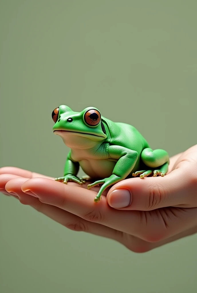 A small African bullfrog sits on an open palm, with its bright green skin glowing