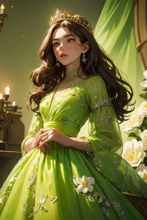 ( masterpiece,  High quality vaccines), 1 ,  alone, (queen:1.15),   brown hair,   long hair,  cortina , lime green floral dress with diamonds, queen&#39;s Dress , aurora, (sunlight, null, Rio,  forest),  inexpressive,  red eyes, ( Art Nouveau :1.2), Alphon...