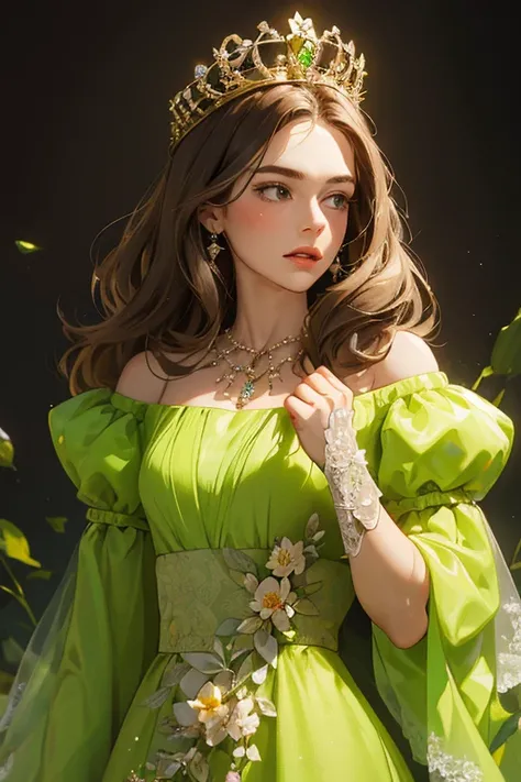 ( masterpiece,  High quality vaccines), 1 ,  alone, (queen:1.15),   brown hair,   long hair,  cortina , lime green floral dress with diamonds, queen&#39;s Dress , aurora, (sunlight, null, Rio,  forest),  inexpressive,  red eyes, ( Art Nouveau :1.2), Alphon...