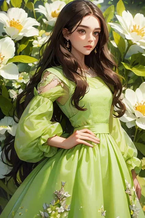 ( masterpiece,  High quality vaccines), 1 ,  alone, (queen:1.15),   brown hair,   long hair,  cortina , lime green floral dress with diamonds, queen&#39;s Dress , aurora, (sunlight, null, Rio,  forest),  inexpressive,  red eyes, ( Art Nouveau :1.2), Alphon...