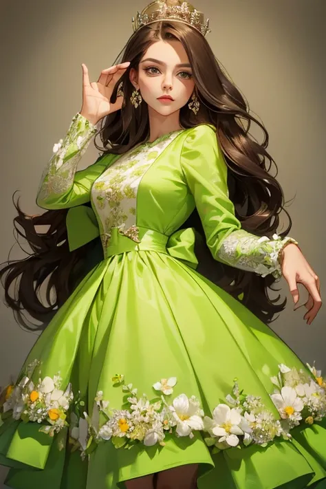 ( masterpiece,  High quality vaccines), 1 ,  alone, (queen:1.15),   brown hair,   long hair,  cortina , lime green floral dress with diamonds, queen&#39;s Dress , aurora, (sunlight, null, Rio,  forest),  inexpressive,  red eyes, ( Art Nouveau :1.2), Alphon...