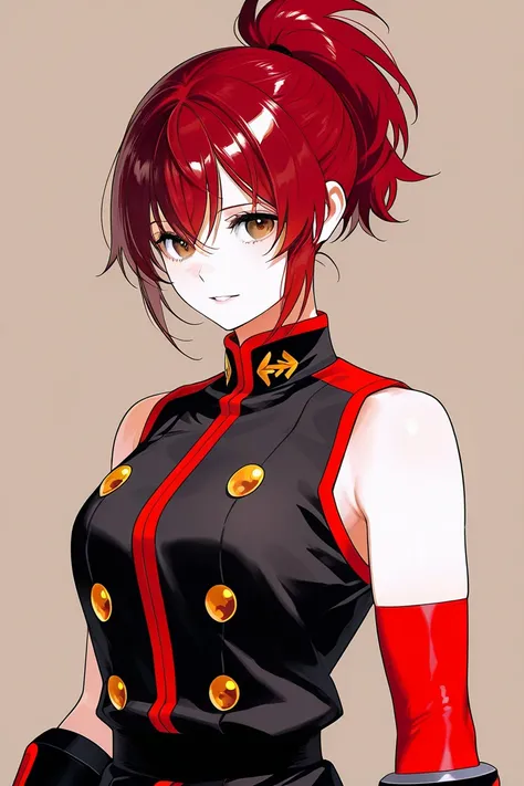 BEST QUALITY, ULTRA DETAILED, PERFECT ANATOMY, HIGH DEFINITION, INTRICATE DETAILS, ALONE, 1girl, , reddish-brown eyes, short hair, red hair, ponytail. Black martial uniform with red trim and gold buttons, with a sleeveless vest, red martial arts gloves. Ba...