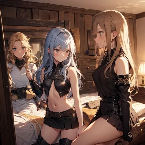 A group of  female medieval fantasy adventurers, (in bedroom), various hair styles, harem, wooden logs wall, details face, short skirt, seducing, sleeveless, armor, on bed