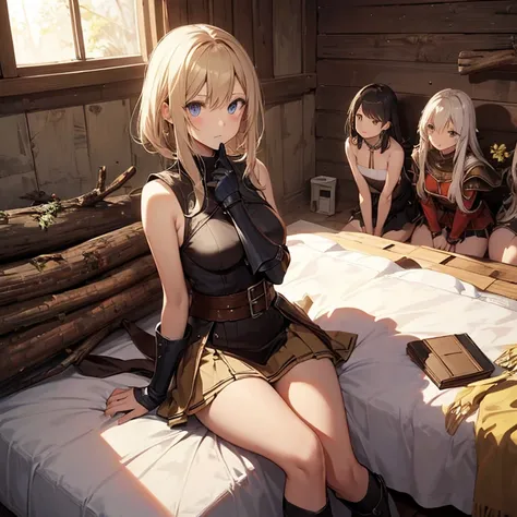 A group of  female medieval fantasy adventurers, (in bedroom), various hair styles, harem, wooden logs wall, details face, short skirt, seducing, sleeveless, armor, on bed