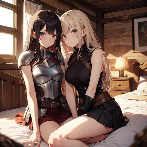 A group of  female medieval fantasy adventurers, (in bedroom), various hair styles, harem, wooden logs wall, details face, short skirt, seducing, sleeveless, armor, on bed