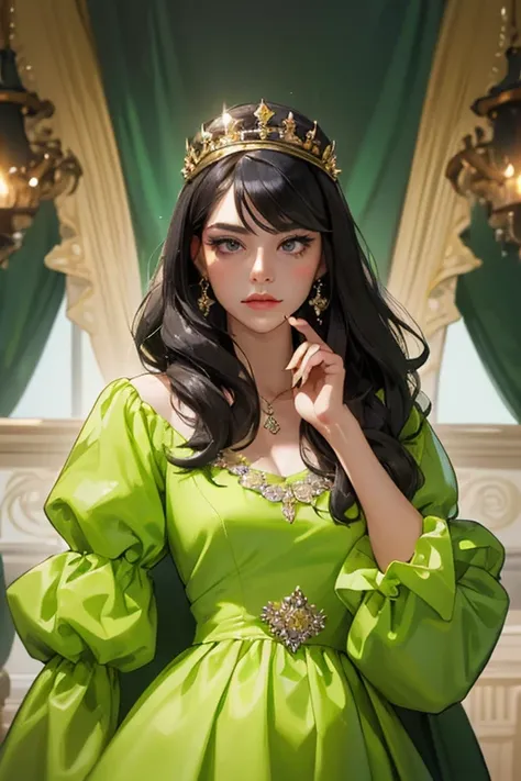 ( masterpiece,  High quality vaccines), 1 ,  alone, (queen:1.15),  black hair,   long hair,  cortina , lime green floral dress with diamonds, queen&#39;s Dress , aurora, (sunlight, null, Rio,  forest),  inexpressive,  red eyes, ( Art Nouveau :1.2), Alphons...