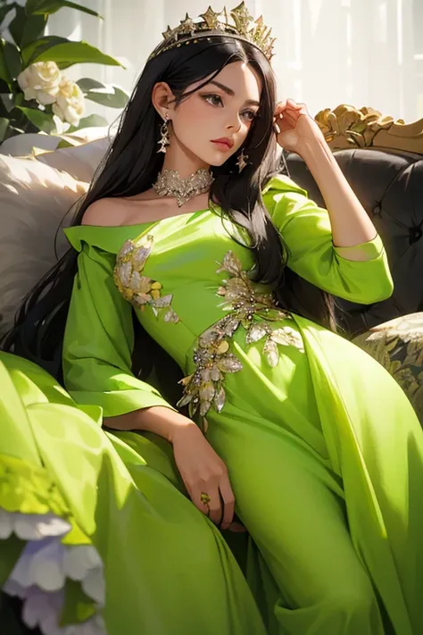 ( masterpiece,  High quality vaccines), 1 ,  alone, (queen:1.15),  black hair,   long hair,  cortina , lime green floral dress with diamonds, queen&#39;s Dress , aurora, (sunlight, null, Rio,  forest),  inexpressive,  red eyes, ( Art Nouveau :1.2), Alphons...