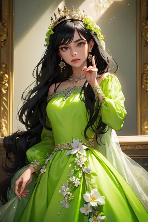 ( masterpiece,  High quality vaccines), 1 ,  alone, (queen:1.15),  black hair,   long hair,  cortina , lime green floral dress with diamonds, queen&#39;s Dress , aurora, (sunlight, null, Rio,  forest),  inexpressive,  red eyes, ( Art Nouveau :1.2), Alphons...