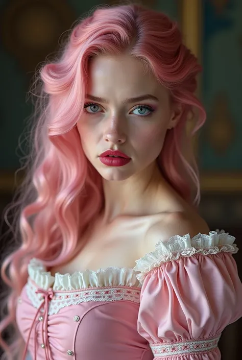 AN ANNOYING 19-YEAR-OLD GERMAN GIRL WITH PINK HAIR, LIGHT SKIN, BLUE GERMAN EYES, REDDISH SKIN LIPS, A FULL-BODY PINK VICTORIAN ERA DRESS