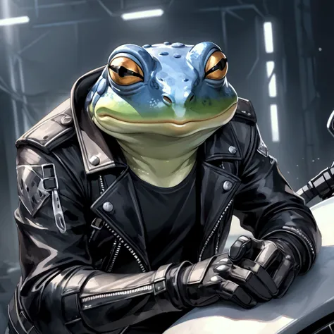 Closeup, An extremely badass anthropomorphic light blue and white bullfrog wearing an insanely cool black leather biker jacket open, black shirt, black leather biker gloves, black leather biker pants, giving it a cool, edgy appearance, From Arknights, Wate...