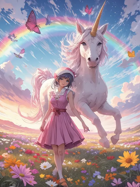 Manga style image , ultra High definition , precise detail : a flowery meadow with a rainbow on which a unicorn is located accompanied by a young girl, 30 years old, wearing a sublime dress on which must be indicated Ion , surrounded by sublime butt...