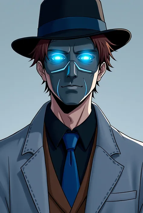 image:  anime-style comic panels ,  tall white-skinned man , brown hair,  wears a black fedora hat , scientist's lab coat,  black dress shirt, blue tie, brown dress pants ,  black dress shoes, black gloves,  uses a gray mask with two holes for the eyes tha...