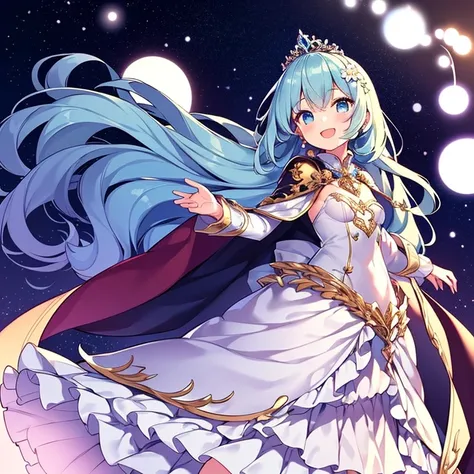 kawaii, best quality, rococo style,(long train pastel blue cape:1.15), very long cape,(long train white ball gown with flower decorations:1.1), a girl is wearing a cape over her gown, 1 little princess, tiara, smile, very long hair, small breasts, looking ...