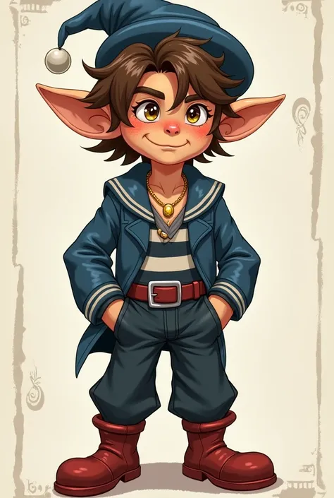  make an image of an RPG character with these characteristics
Appearance :
 Height: 1,36m  (half gnome, half human sailor).

First: half beige, with golden freckles (father's inheritance,  according to him , what "he drank too much of the wrong potion").

...