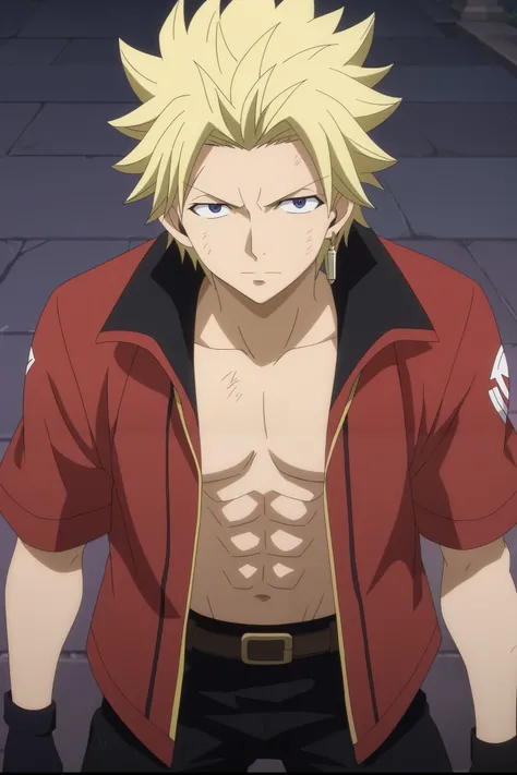 front view, Frontal portrait, close-up, looking at viewer, score_9, score_8_up, score_7_up, source_anime, StingFT, Sting blonde hair, light yellow Sting, 1boy, male focus, anime screencap, a red men's jacket with black details, which fits his athletic figu...