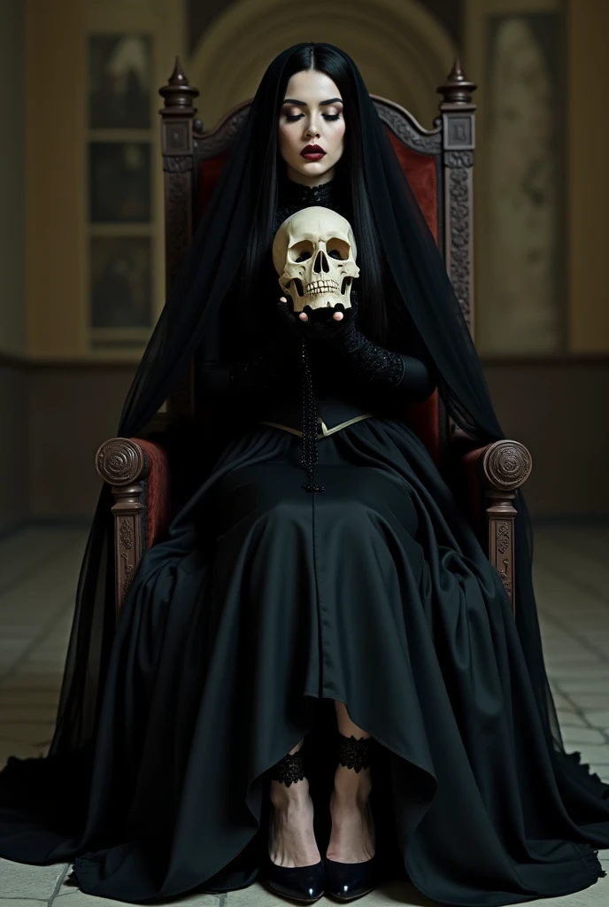 Love Beyond Time, High Quality, Gothic Horror, One Girl, Solo, Beautiful Woman, Queen of the Night, Dark Empress, Long Black Hair, Long Eyelashes, Closed Eyes, Narrow Face, Mole Under Eye, Moist Lips, Slim Body, Medieval European Black Dress, High Neck, Ch...