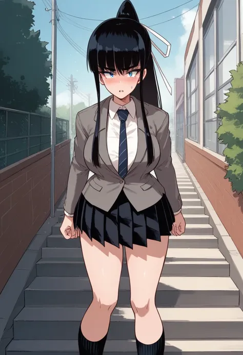 nsfw,liftup skirt,love juice,blushing,embarrassing,score_9, score_8_up, score_7_up, source_anime BREAK 1girl, solo, kusanagimio, blue eyes, black hair, long hair, ponytail, bangs, hair ribbon, standing, school uniform, grey jacket, pleated skirt, necktie, ...