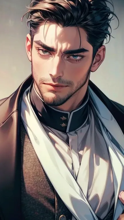 (    borrowed letter ,4K,8k,    highres,    masterpiece :1.2),    ultra-detailed   ,(realistic,photorealistic,photo-realistic:1.37),36-year-old man,3 day beard,Beautiful anime,Portraits,strong,Masculine,     with black hair  ,sharp jaw,       mesmerizing e...