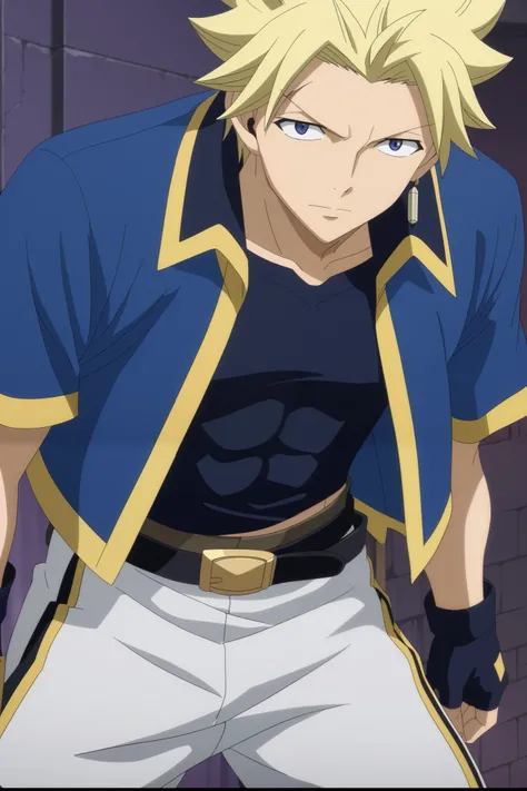 front view, Frontal portrait, close-up, looking at viewer, score_9, score_8_up, score_7_up, source_anime, StingFT, Sting blonde hair, light yellow Sting, 1boy, male focus, anime screencap, a blue men's jacket with gold or yellow details, which fits his ath...